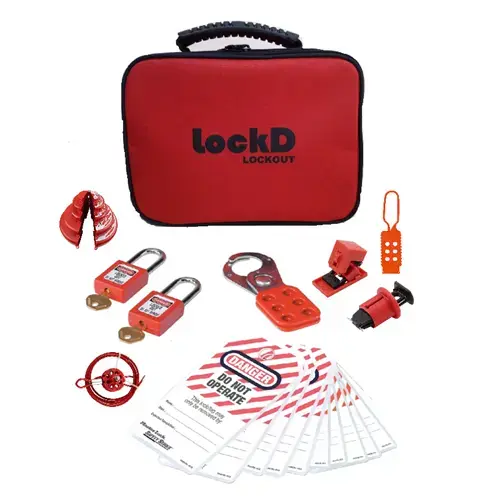 Complete Lockout Tagout (LOTO) kit with various safety devices and tags