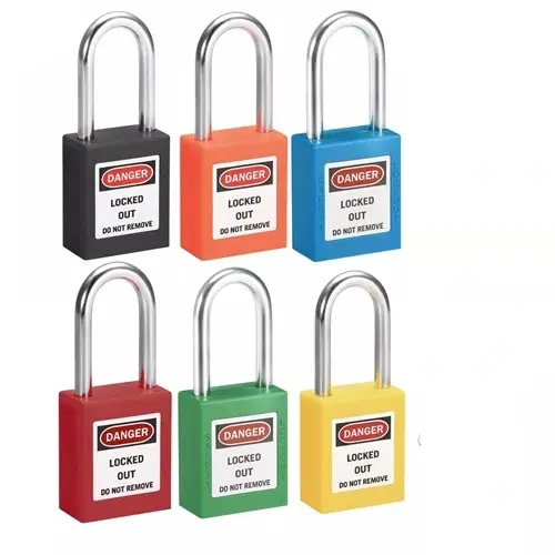 Colorful lockout padlocks used in safety procedures