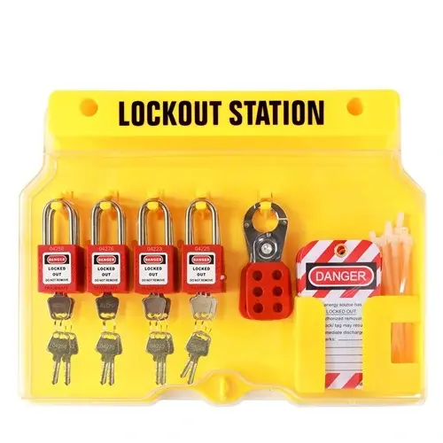 lose-up of lockout devices and tags in a portable LOTO station